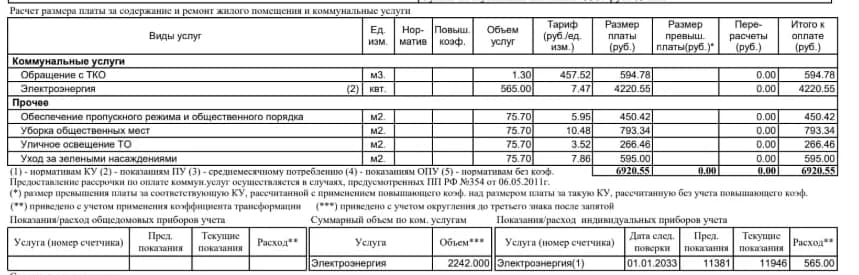 Пример квитанции за коммунальные услуги в Немецкой деревне для квартиры 75,7 квадратного метра