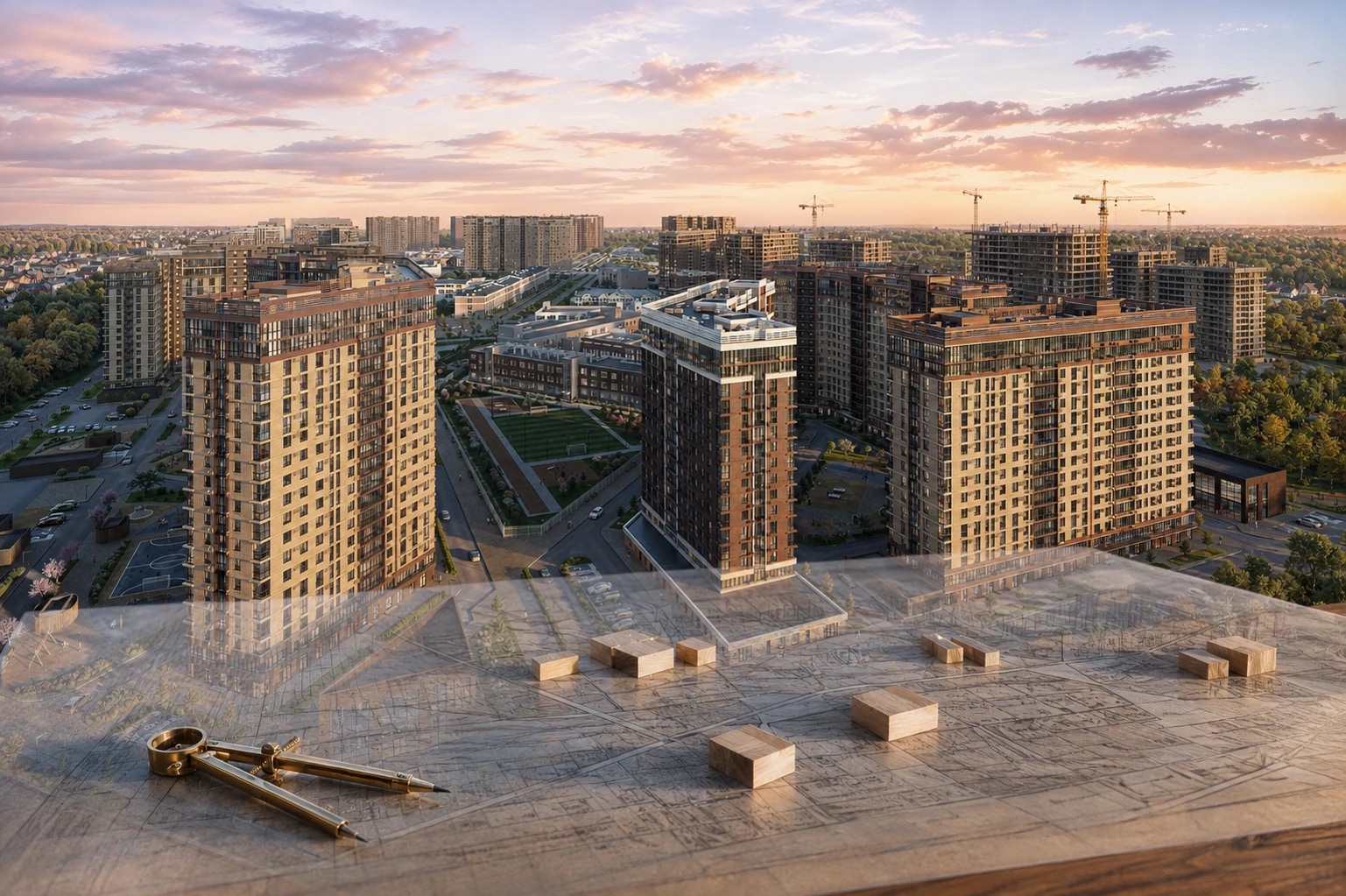 Редакционная композиция DOGMA PARK с панорамой микрорайона, строящимися корпусами, планом и макетами очередей