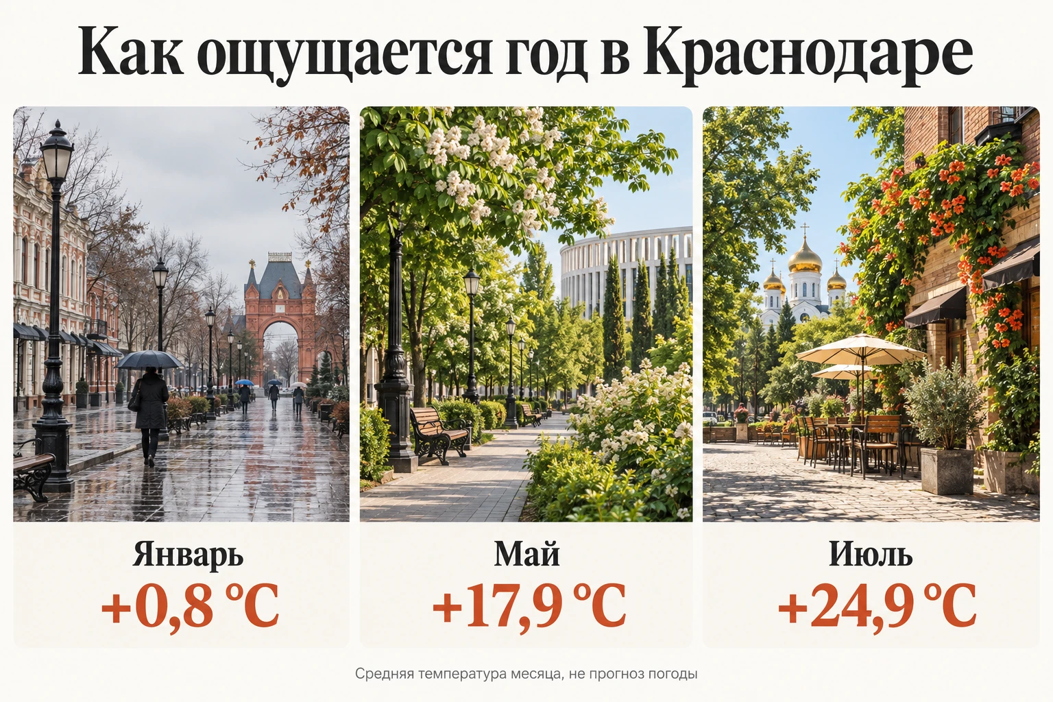 Иллюстрированная схема климатических средних для Краснодара: январь +0,8 °C, май +17,9 °C, июль +24,9 °C
