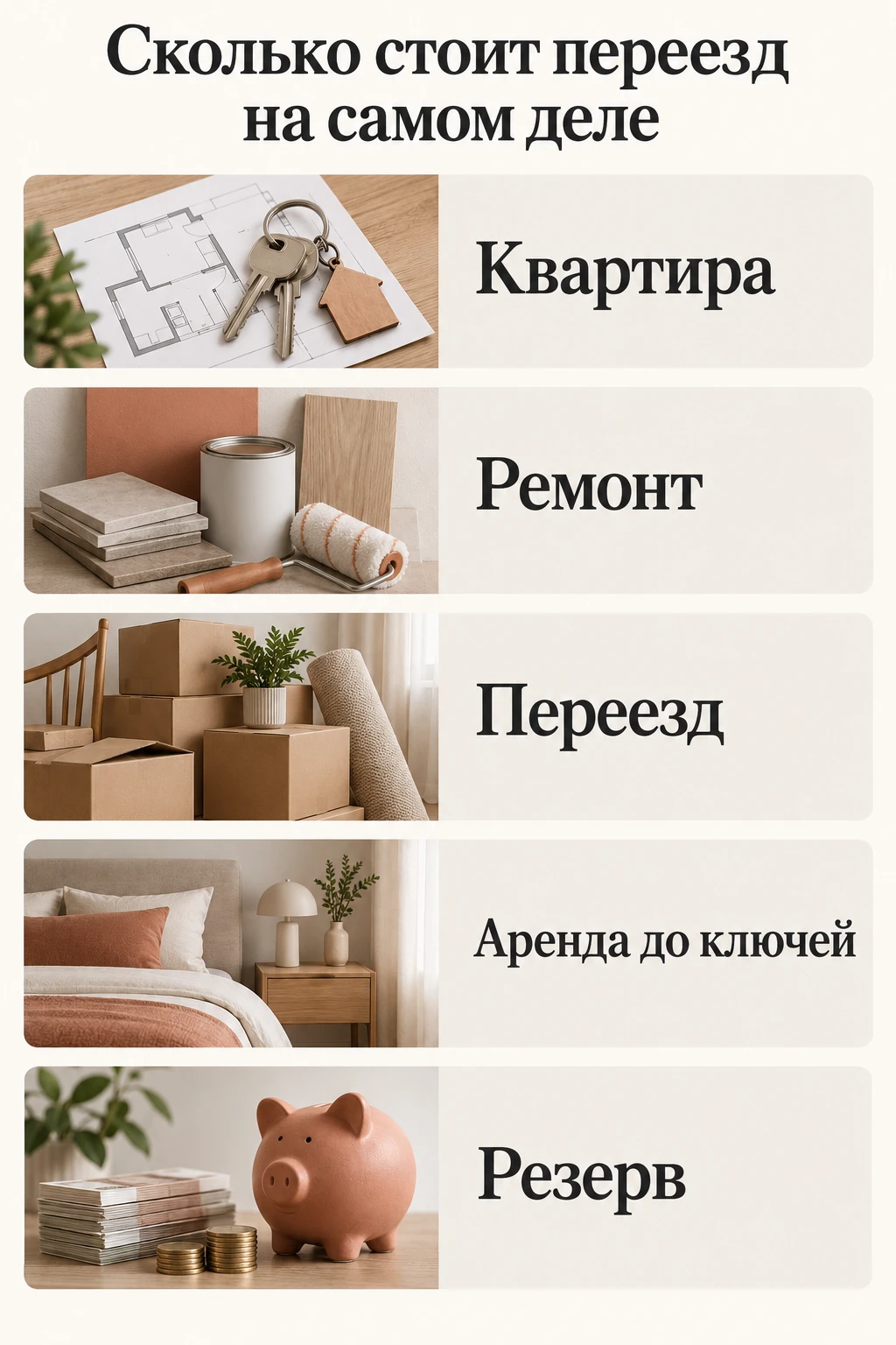Схема полного бюджета переезда: квартира, ремонт, перевозка вещей, аренда до ключей и резерв