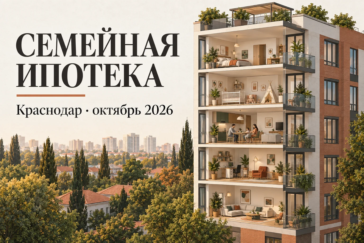 Иллюстрация: семейная ипотека в Краснодаре в октябре 2026 года, современный жилой дом в разрезе