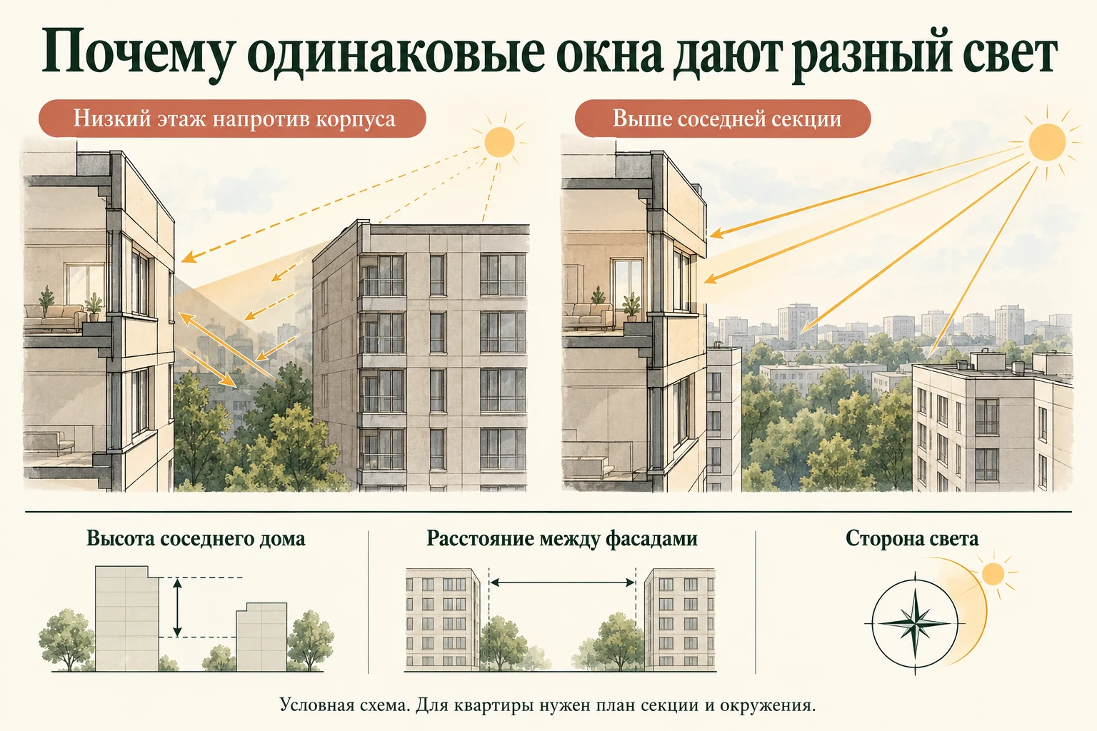 Схема влияния соседнего корпуса и этажа на свет в квартире
