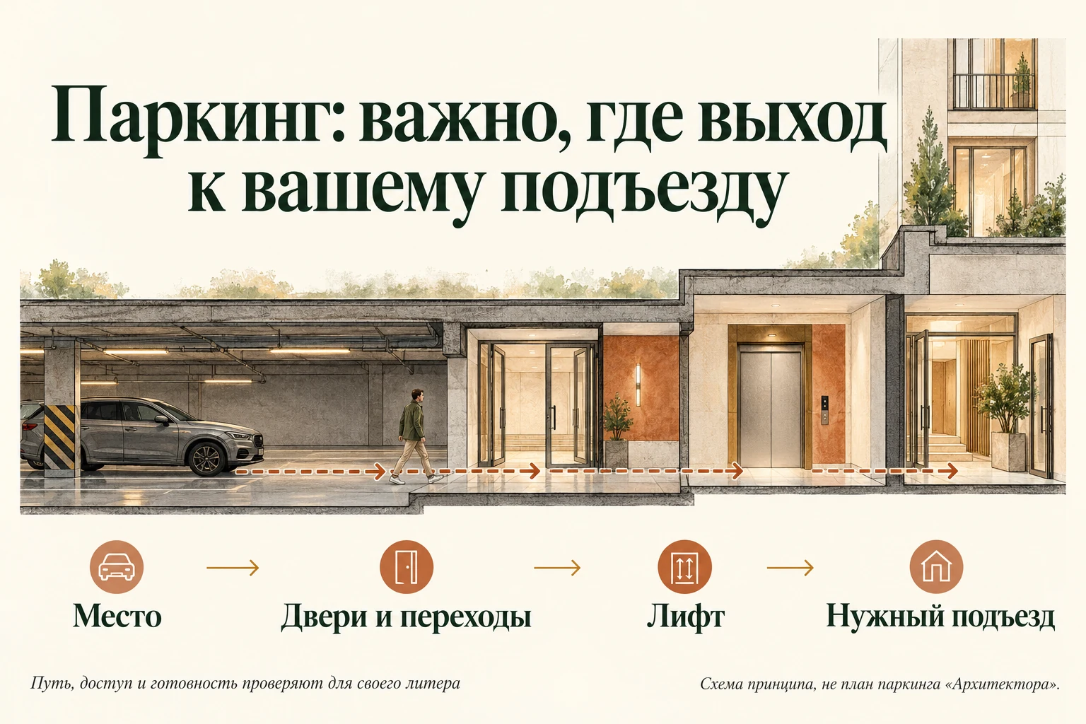 Путь от парковочного места до нужного подъезда: переходы, двери и лифт