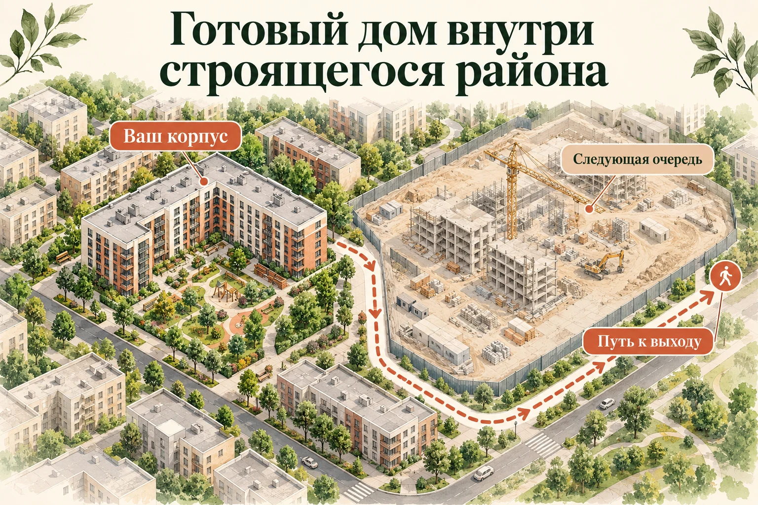 Готовый дом внутри строящегося района