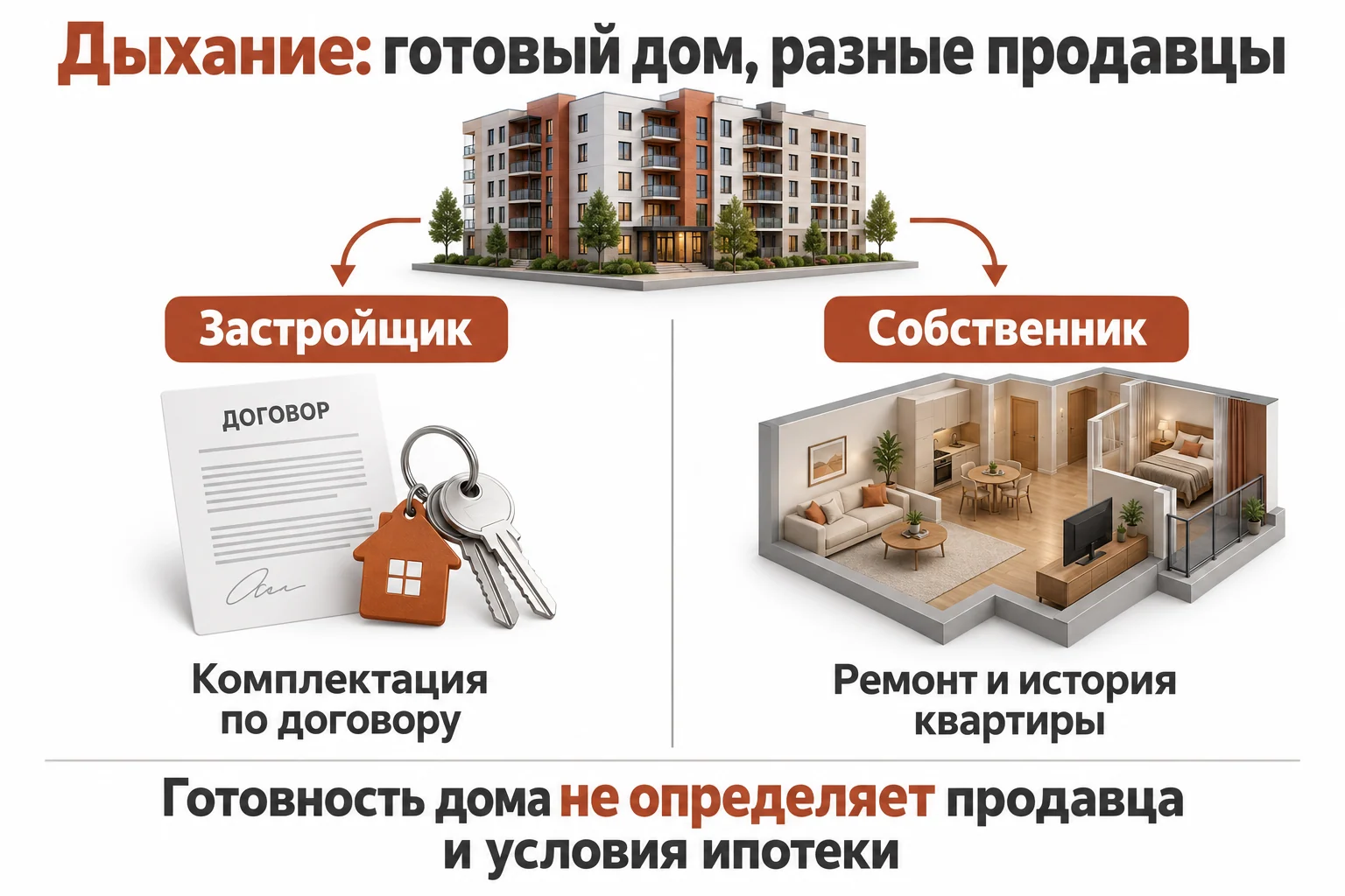 Условная схема готового дома: квартира застройщика и квартира собственника имеют разные комплектацию и историю сделки