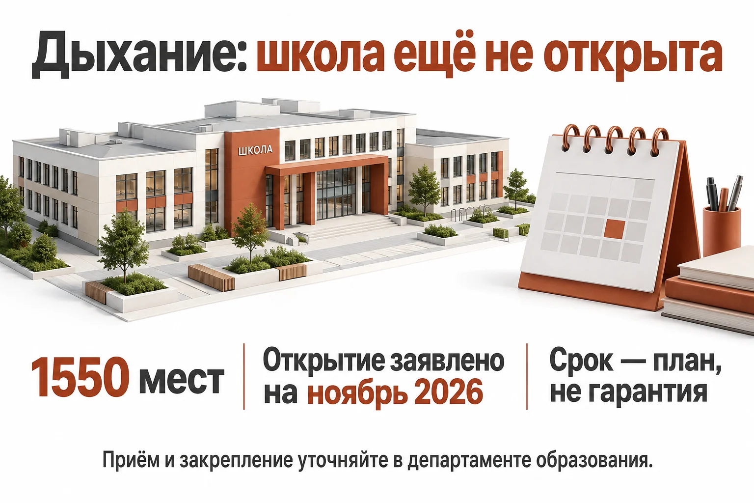 Инфографика на 4 октября 2026 года: школа на 1550 мест ещё не открыта, запуск заявлен на ноябрь