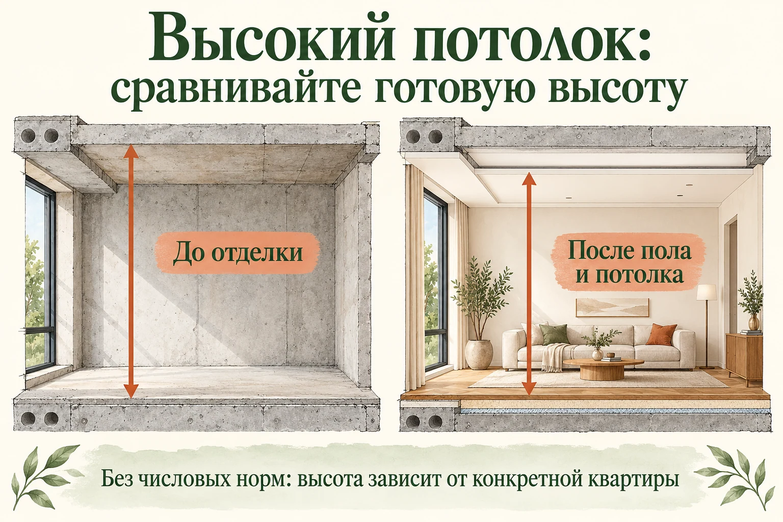 Высота квартиры до отделки и после устройства пола и потолка