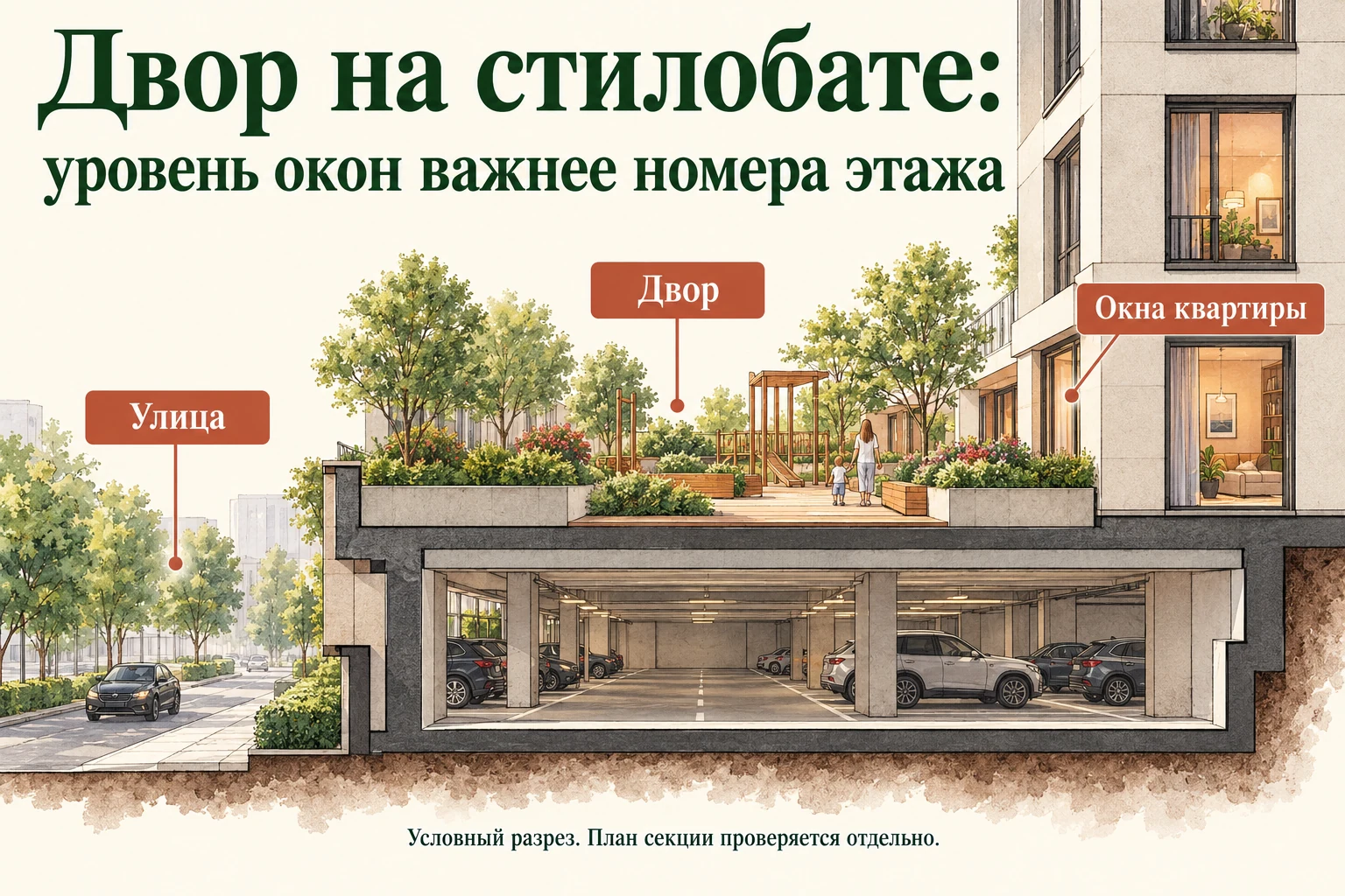 Уровень двора на стилобате относительно окон нижних жилых этажей
