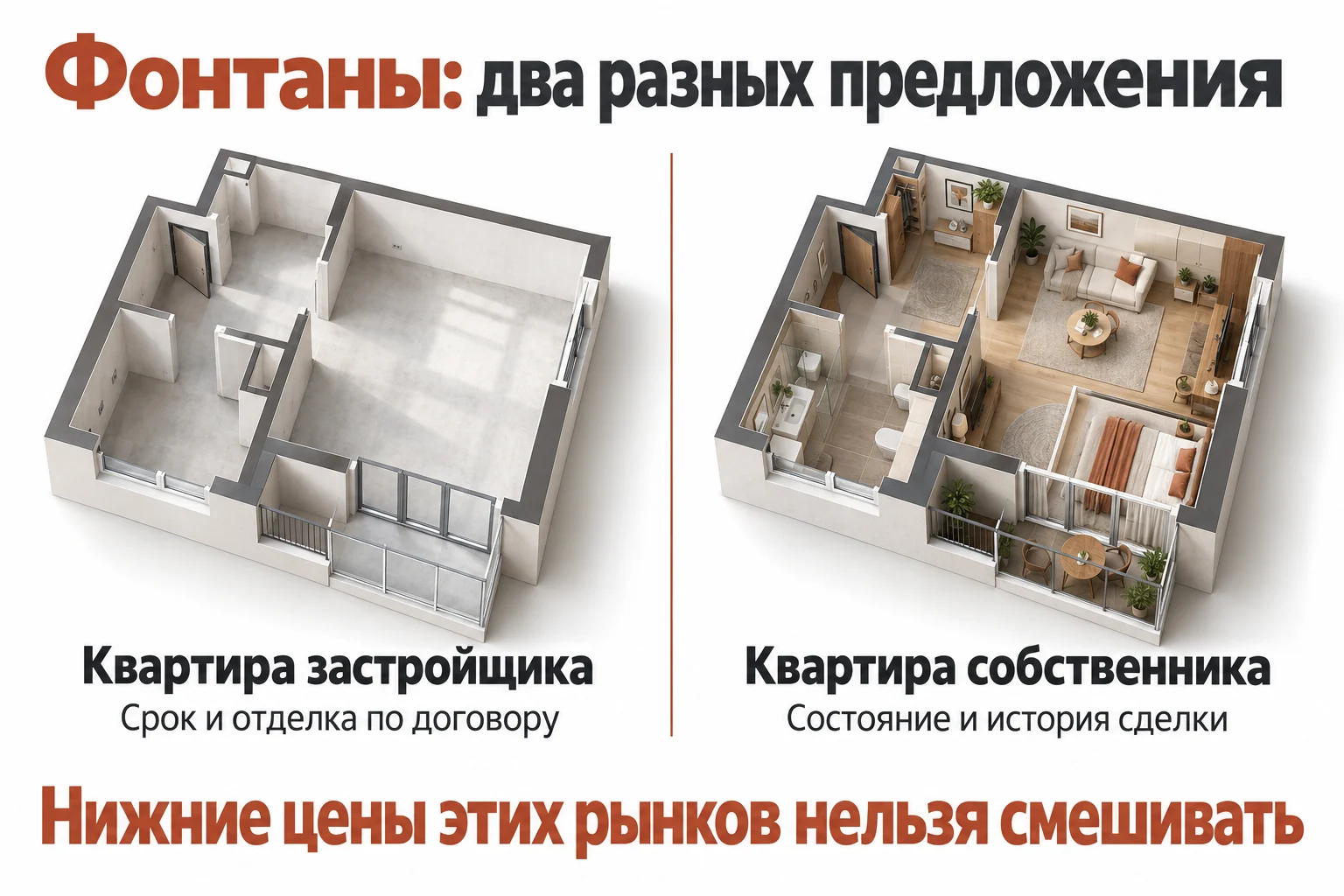 Условная схема двух рынков Фонтанов: новая квартира застройщика и готовая квартира собственника