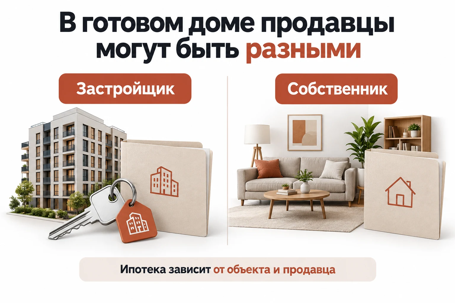 В готовом доме квартиры могут продавать застройщик и собственник; условия ипотеки проверяют по объекту
