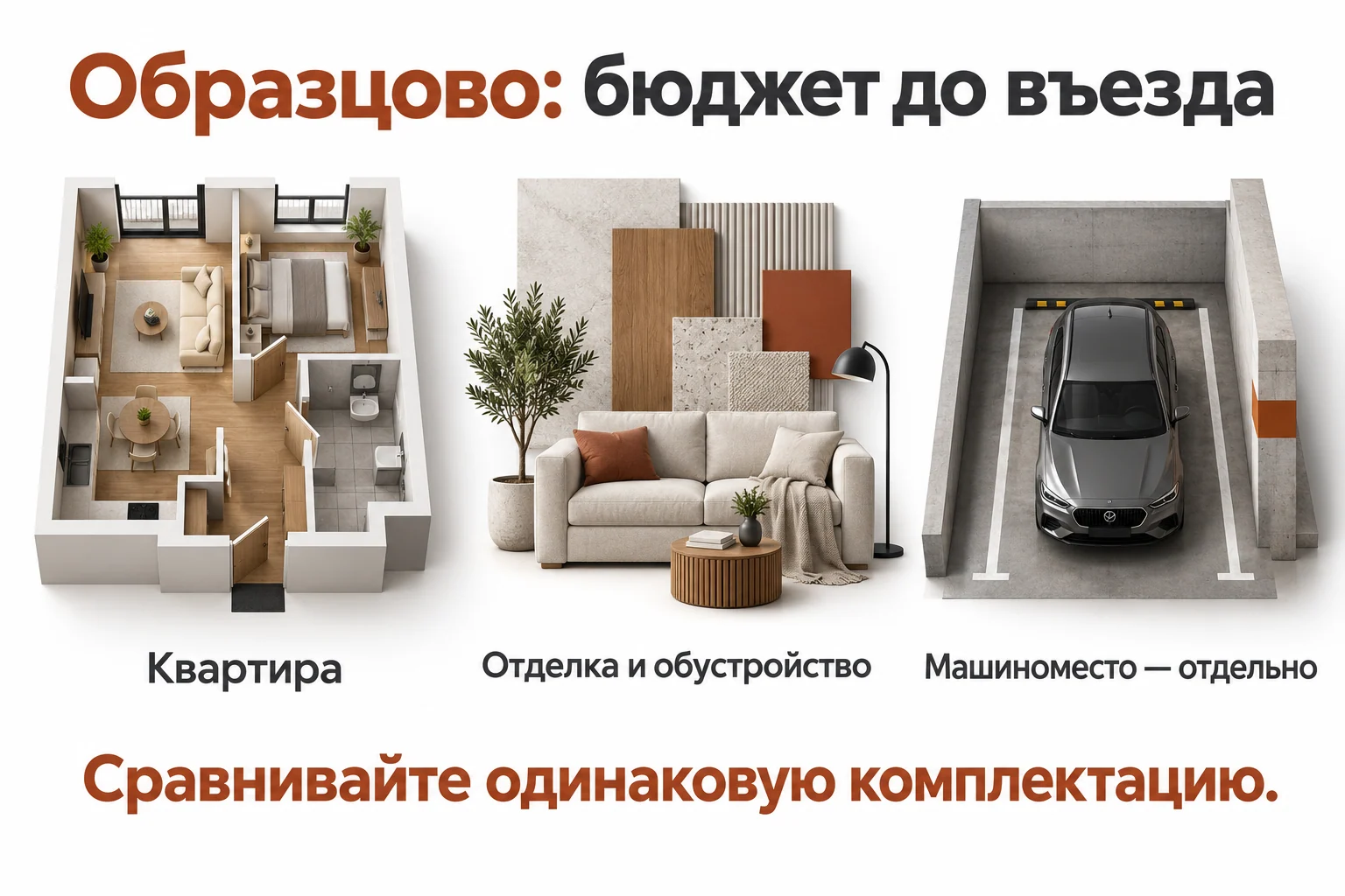 Состав бюджета квартиры в Образцово: квартира, отделка и обустройство, отдельно машиноместо