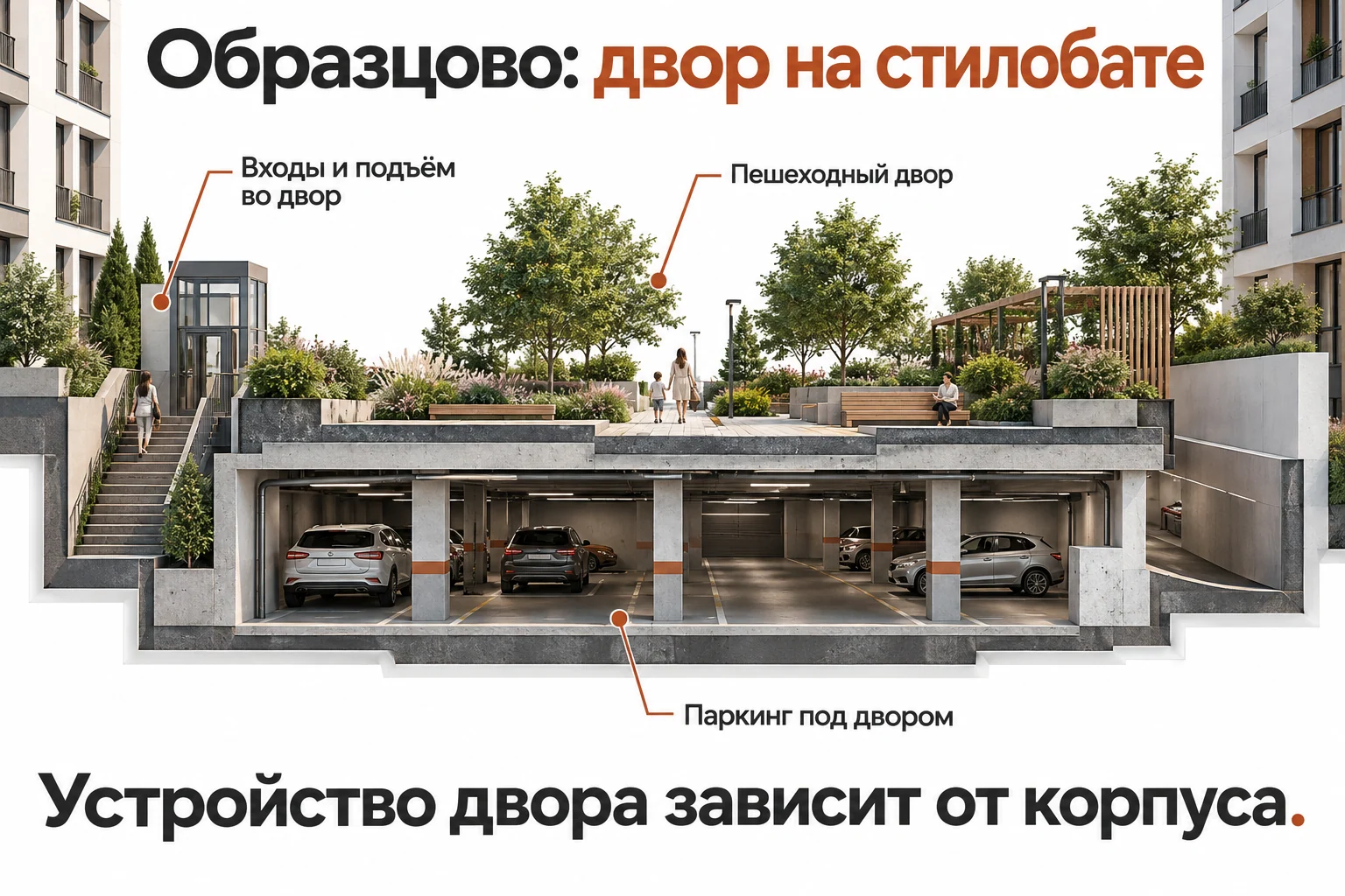 Условный разрез двора на стилобате: пешеходный уровень, паркинг под двором и подъём к входам