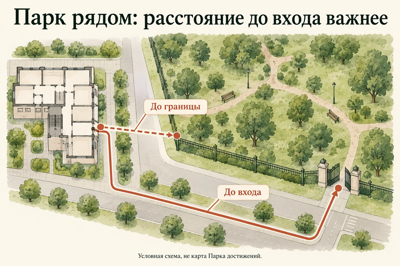 Разница между расстоянием до границы парка и маршрутом до входа