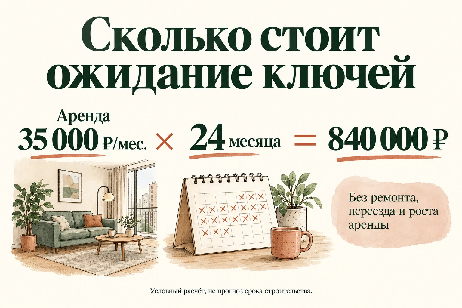 Пример стоимости ожидания: 35 тысяч рублей аренды за 24 месяца дают 840 тысяч