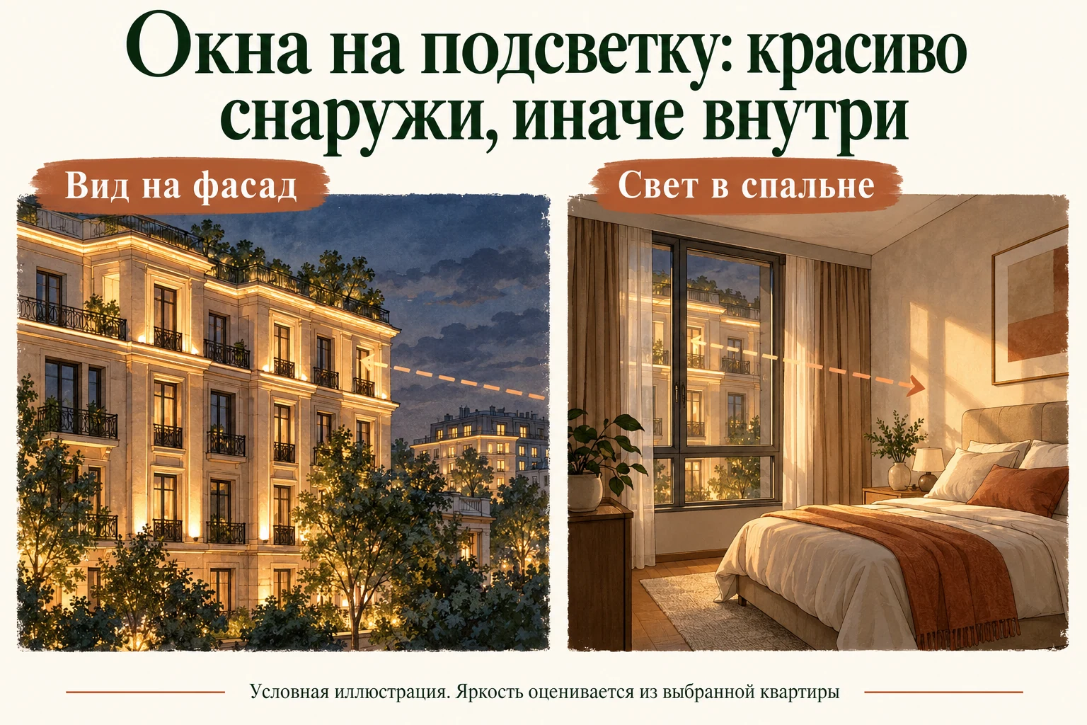 Окна на подсветку: вид снаружи и свет в комнате