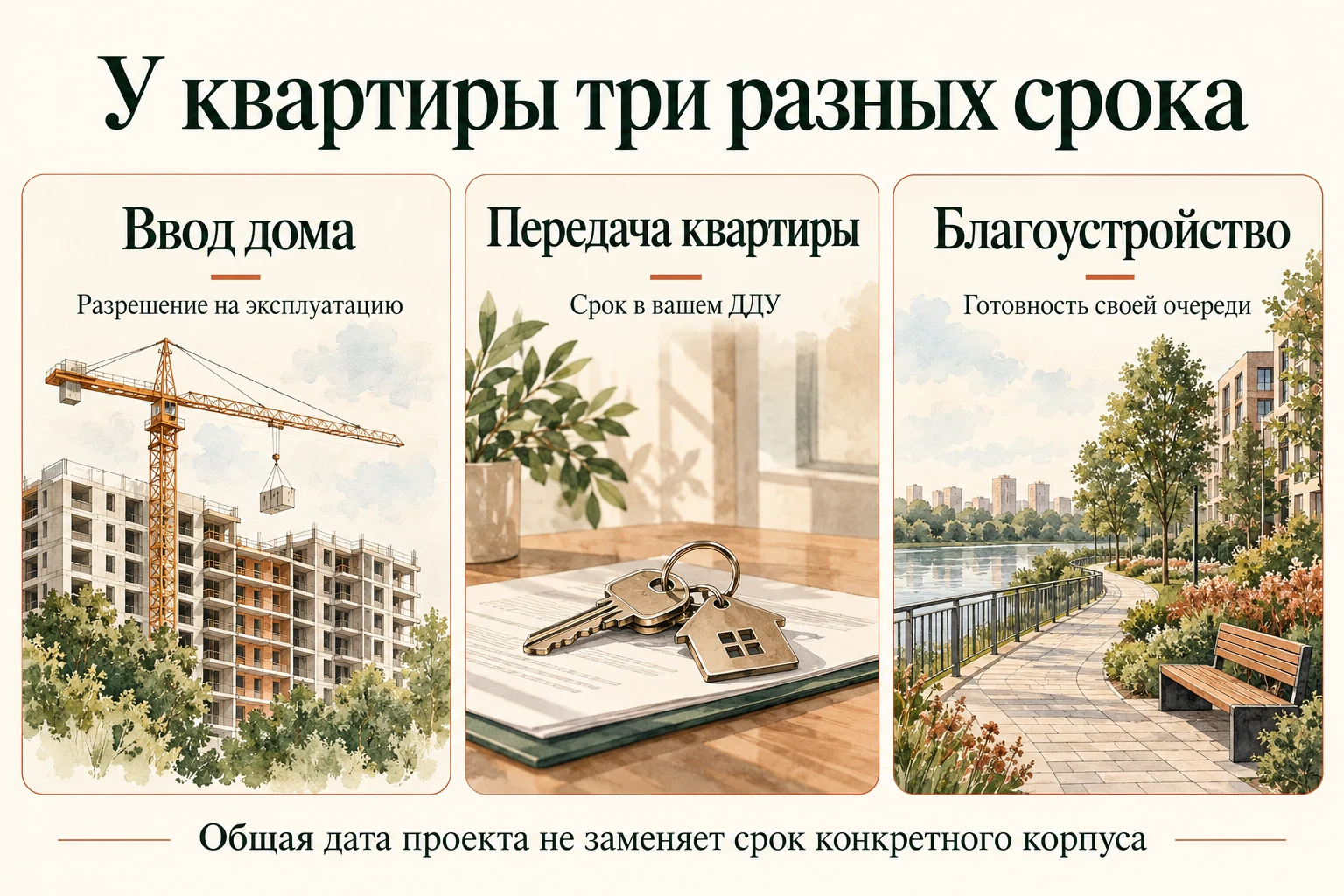 Три разных события: ввод дома, передача квартиры и благоустройство очереди