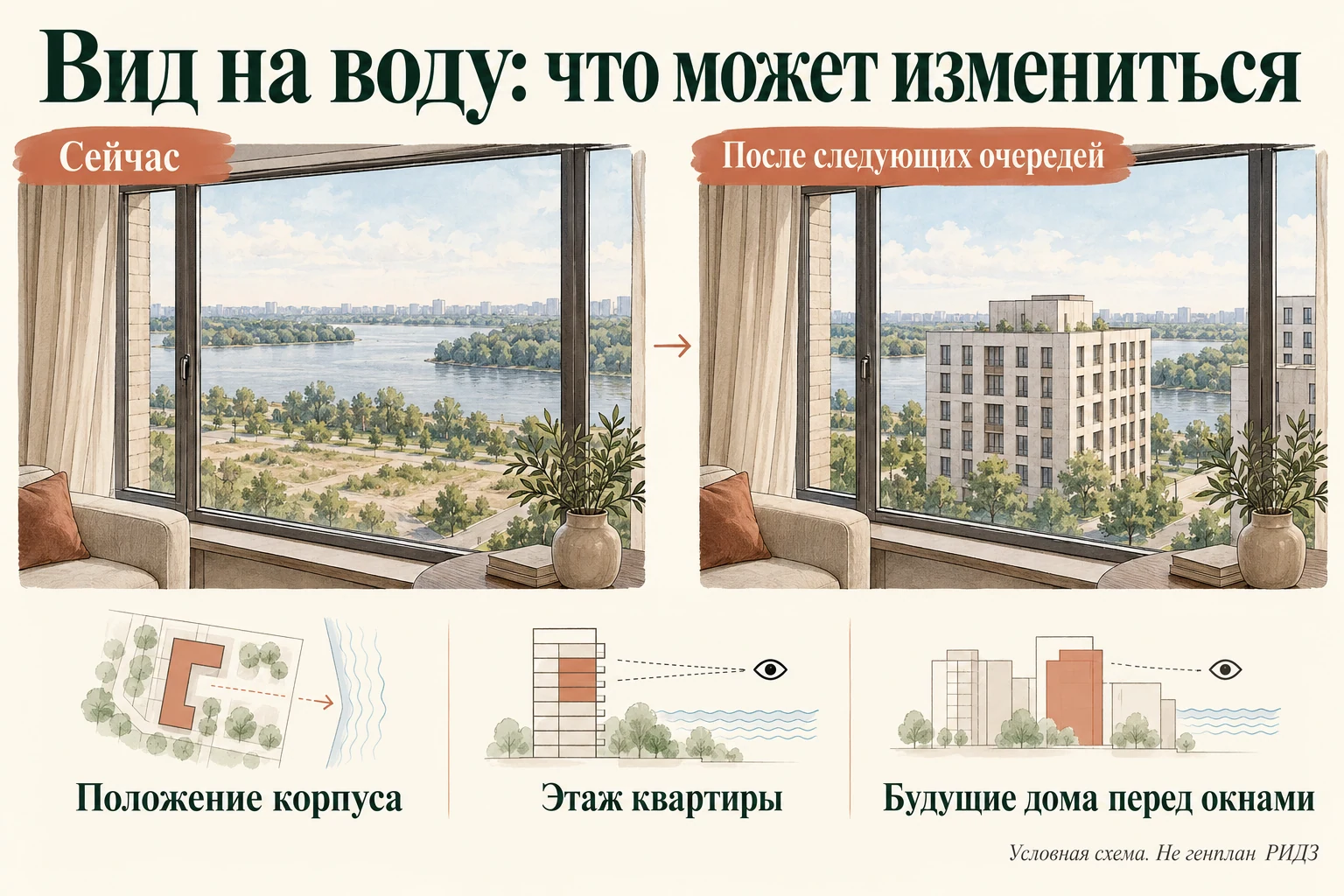 Условное сравнение вида на воду до и после строительства соседнего корпуса