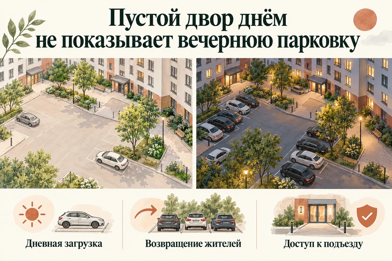 Пустой двор днём не показывает вечернюю парковку