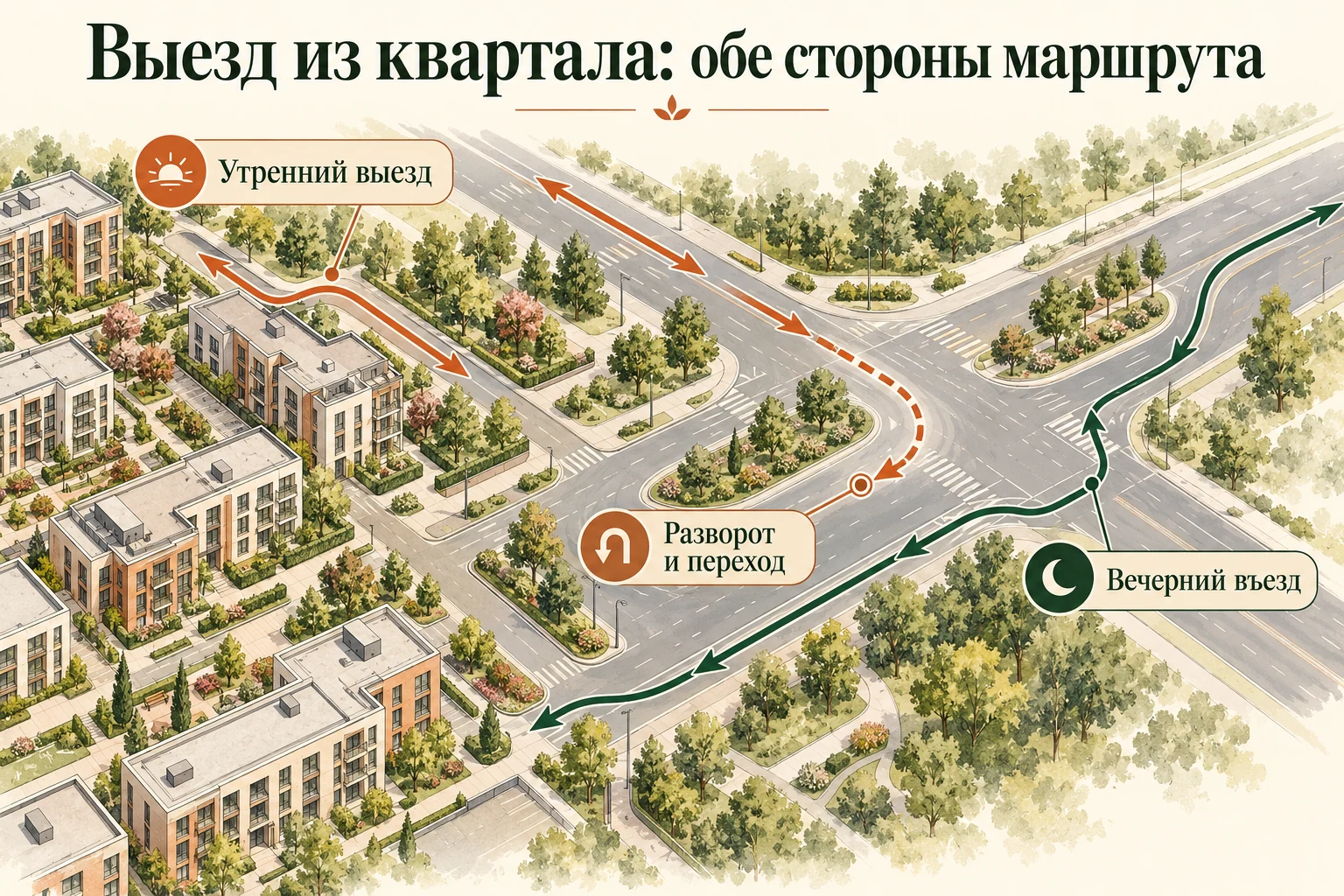 Выезд из квартала: обе стороны маршрута