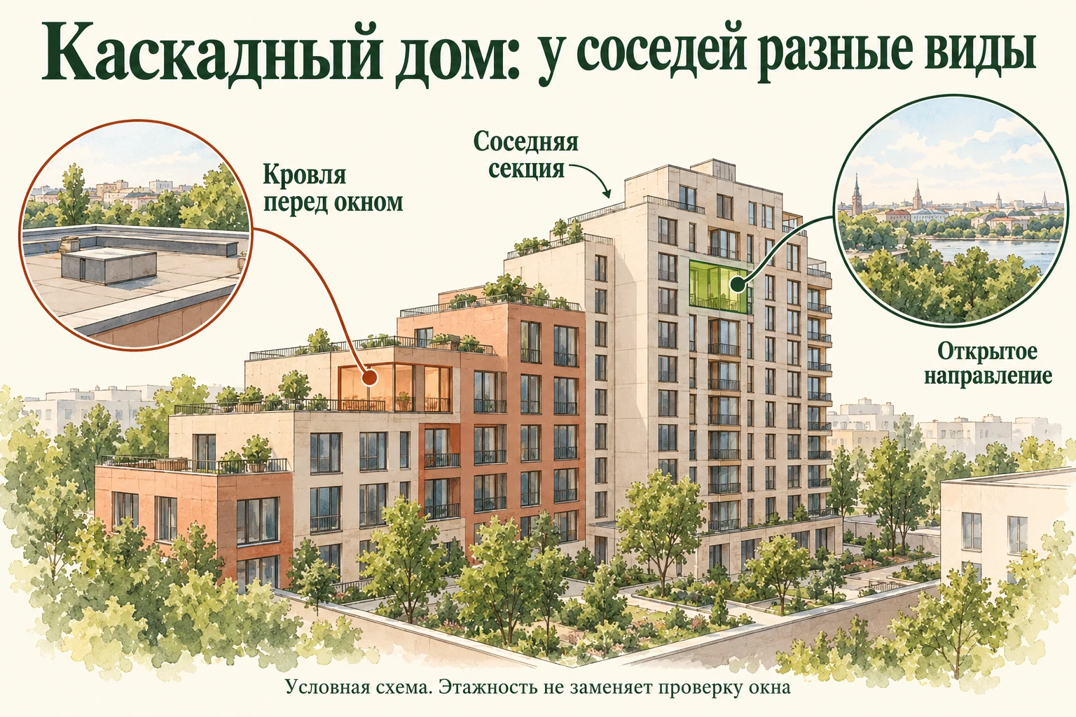 Каскадный дом: что находится перед окнами