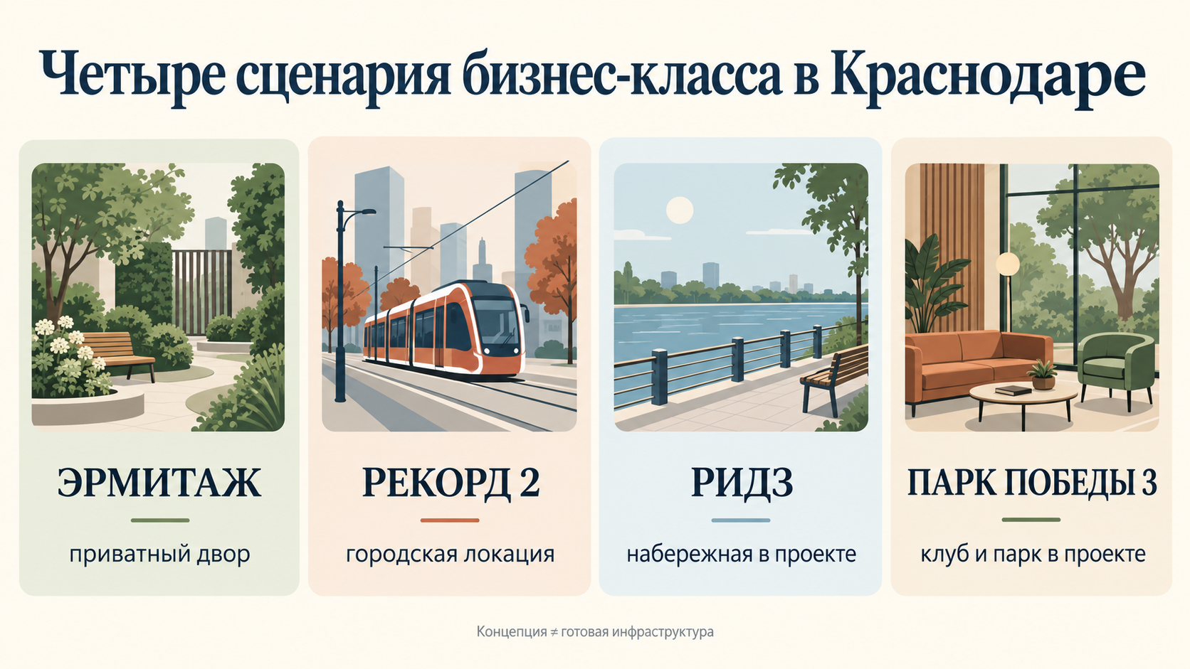 Схема четырёх сценариев бизнес-класса в Краснодаре: Эрмитаж — приватный двор, Рекорд 2 — городская локация, РИДЗ — будущая набережная, Парк Победы 3 — будущий клуб и парк