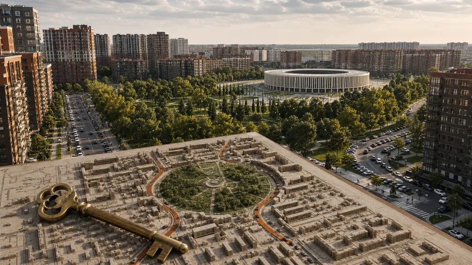 Восточно-Кругликовский район Краснодара у зелёного парка и стадиона с картой узких выездов и ключом