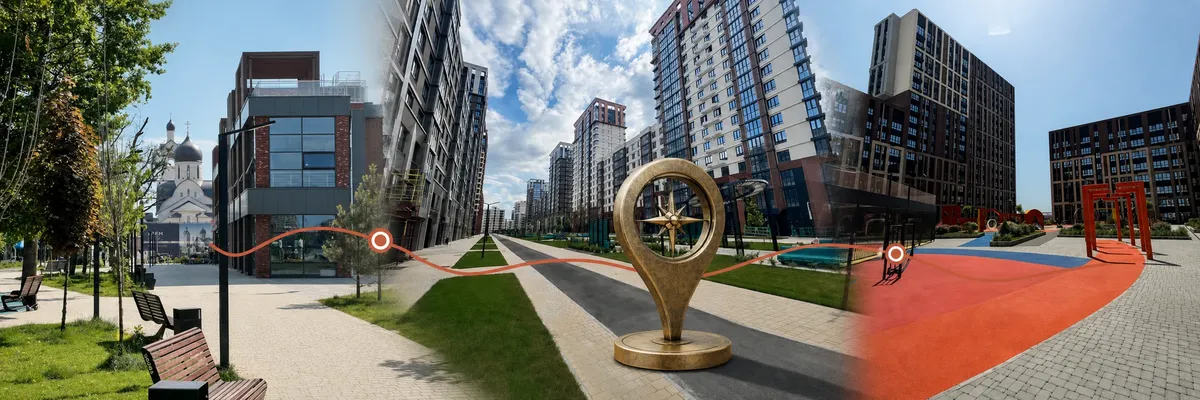 Коллаж из реальных фотографий ЖК Самолёт, Парк Победы 2 и Эрмитаж в Краснодаре